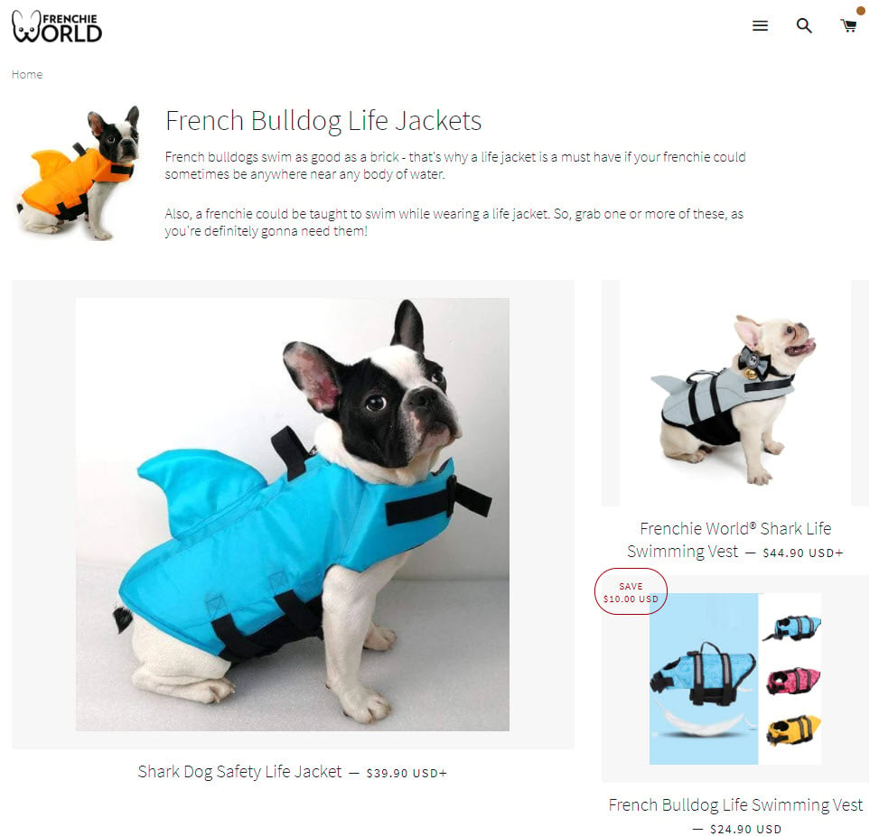 Shark dog life vest collection page on Shopify