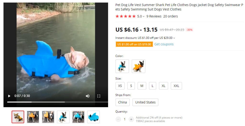 Shark life vest for dogs on Aliexpress

