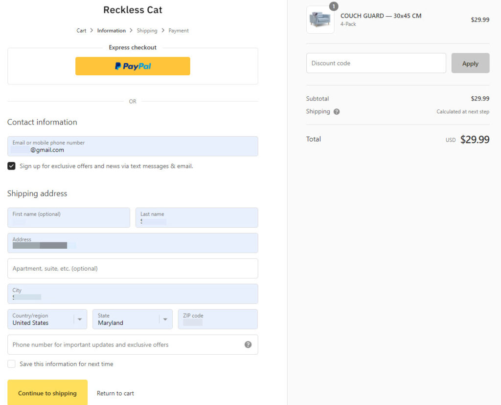 cat couch guard checkout shipping information