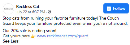 Cat scratch guard Facebook ad copy