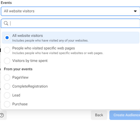 Facebook ads custom audience options