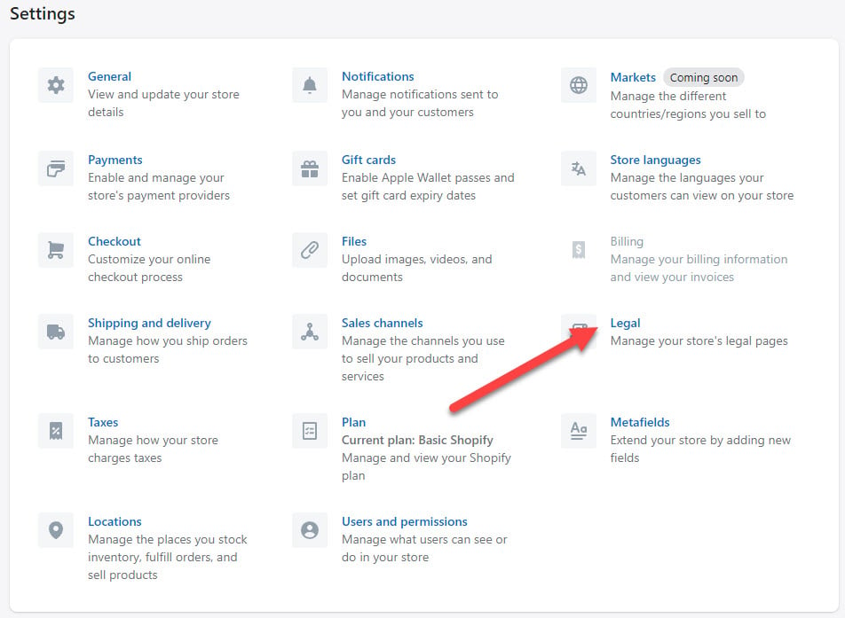 Shopify Legal Settings