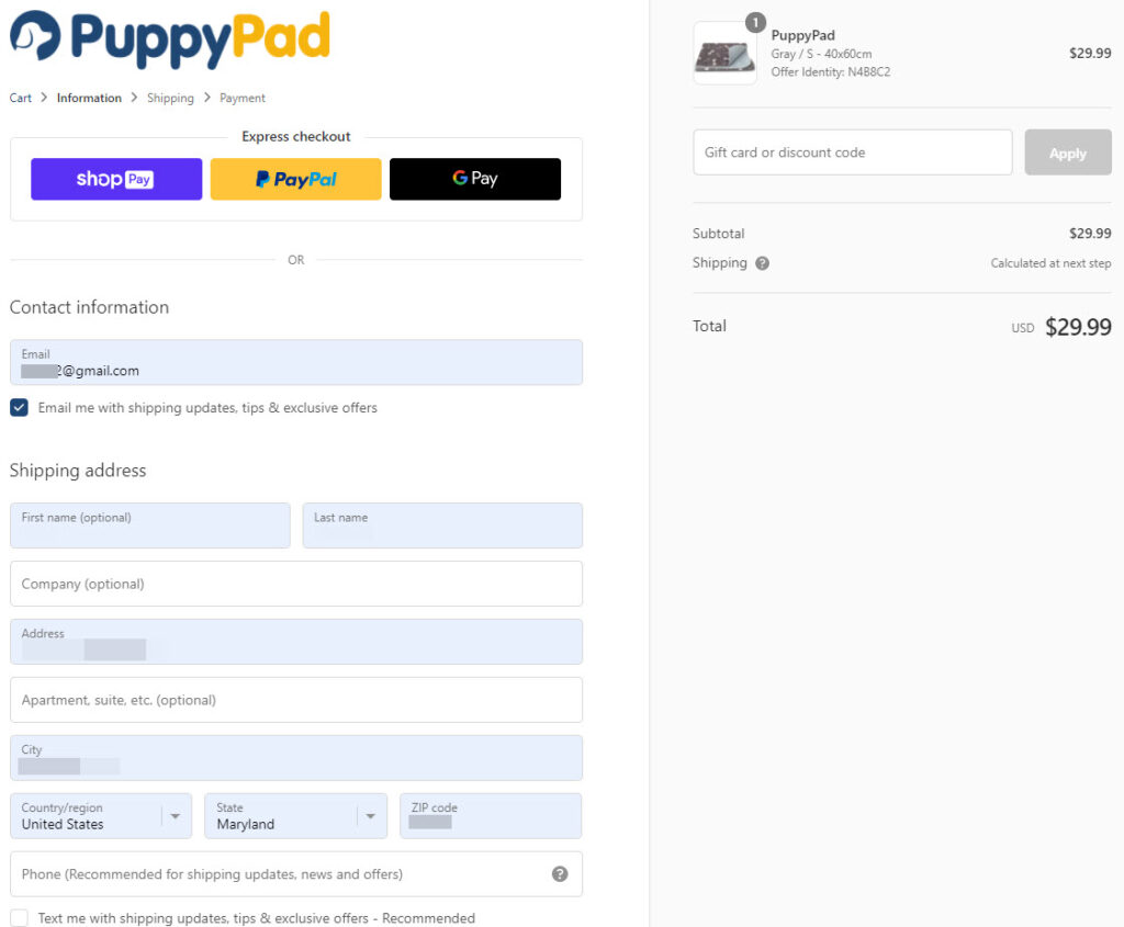 puppy pad checkout page