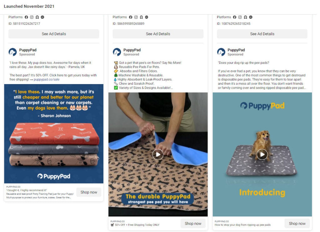 puppy pad ad library on Facebook