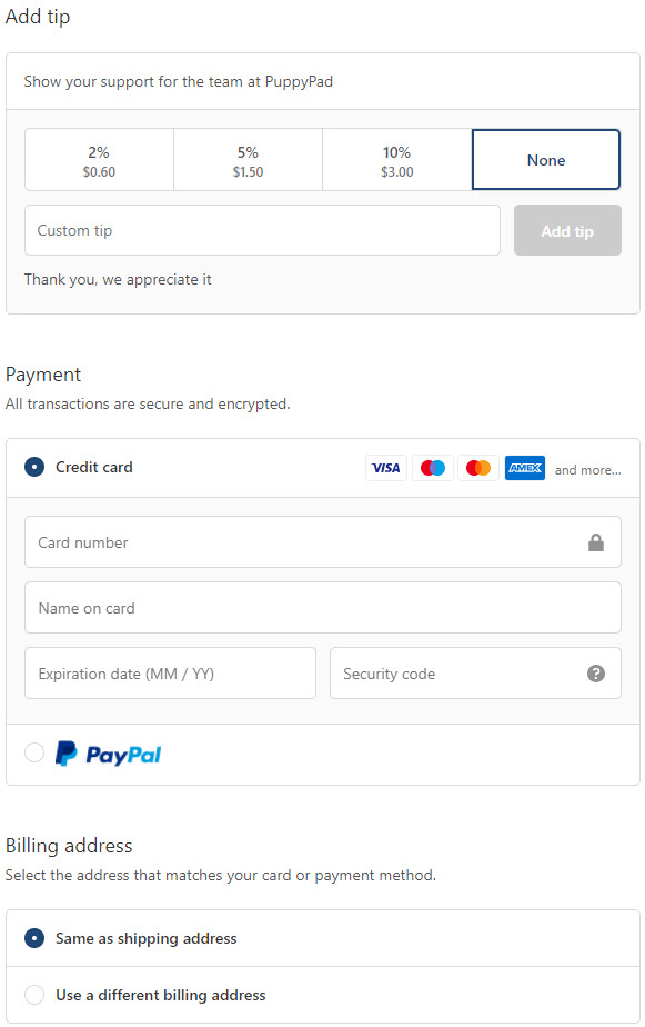 puppy pad payment page