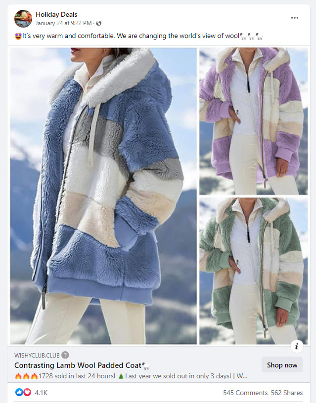 Ecomhunt Women's Winter wool coat Facebook ad
