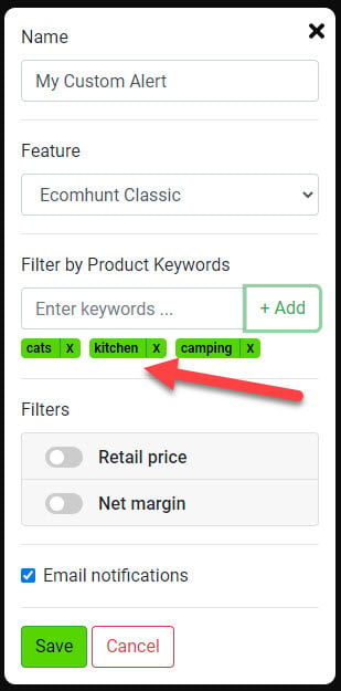 Ecomhunt alert keywords