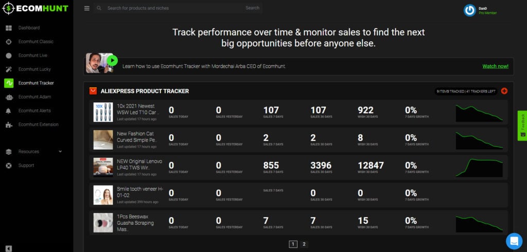 Ecomhunt tracker new dashboard