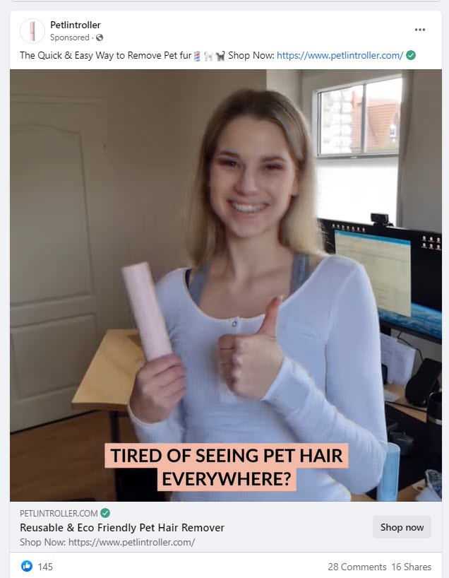 Self-cleaning Fur and Hair Remover Facebook video ad
