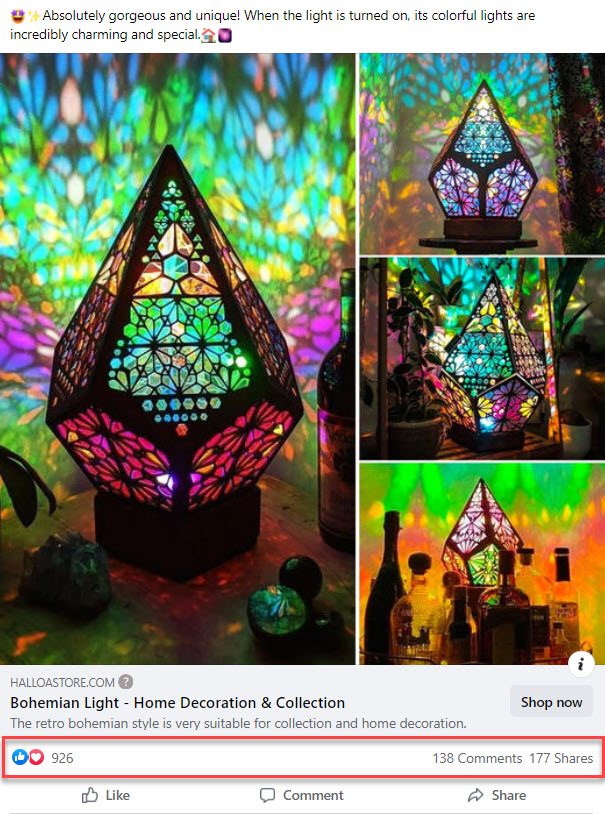 bohemian led lamp facebook ad engagement