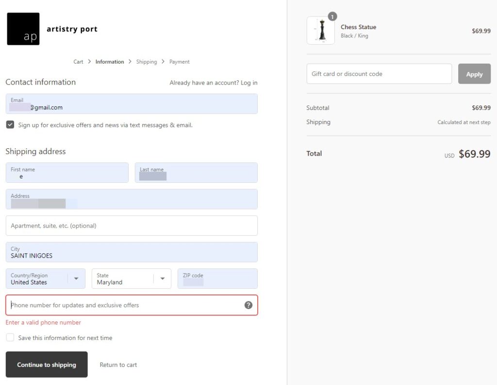 chess figurine checkout information page shopify