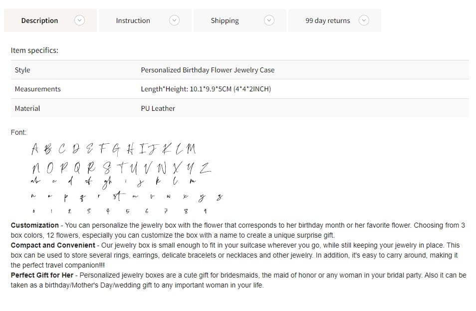 Custom jewelry box description