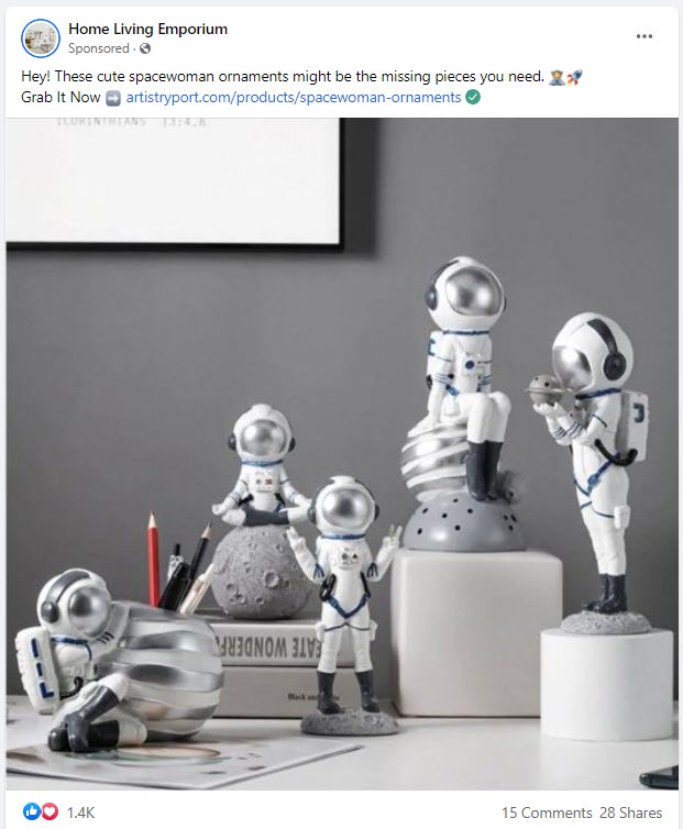 Facebook ad Spacewoman statue home decor