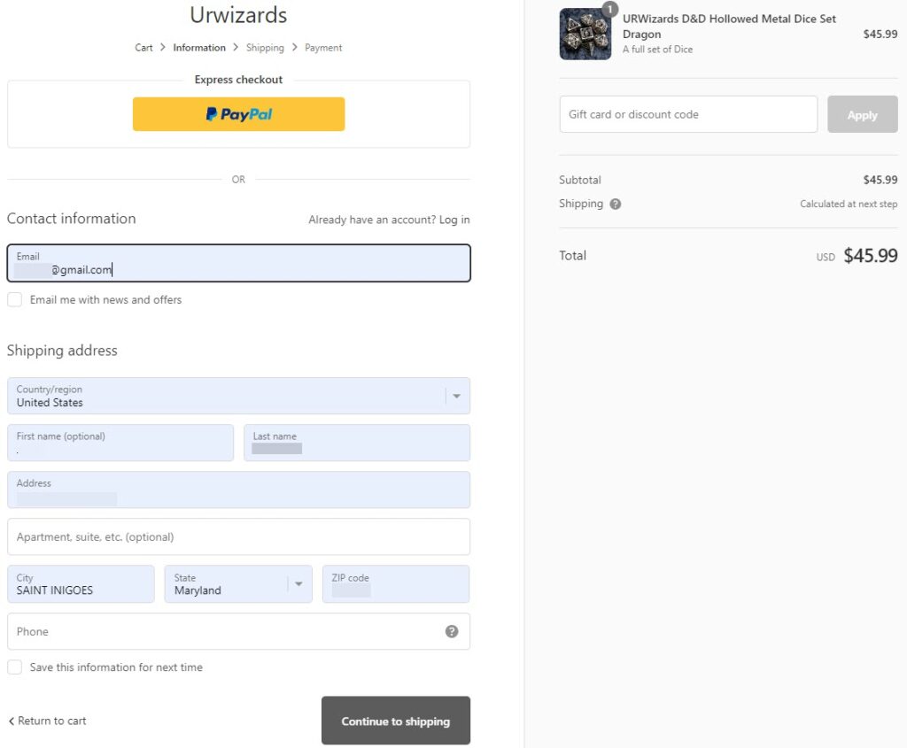 DnD Dragon Dice Set Shopify store checkout customer information page