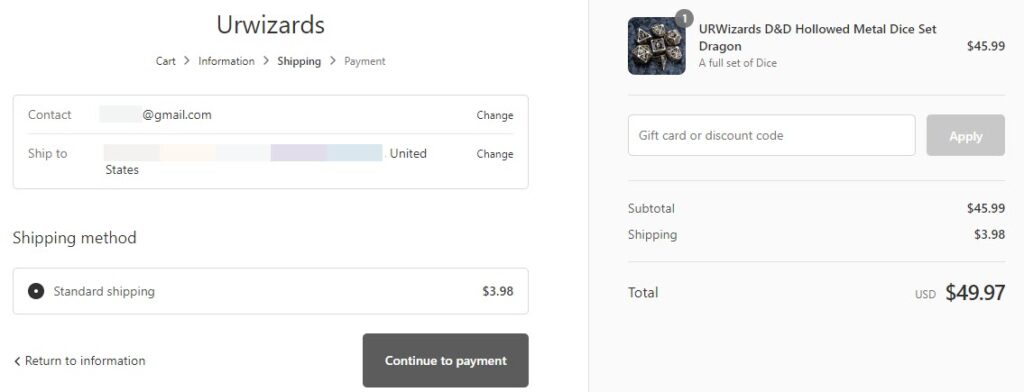 DnD Dragon Dice Set Shopify store checkout shipping page