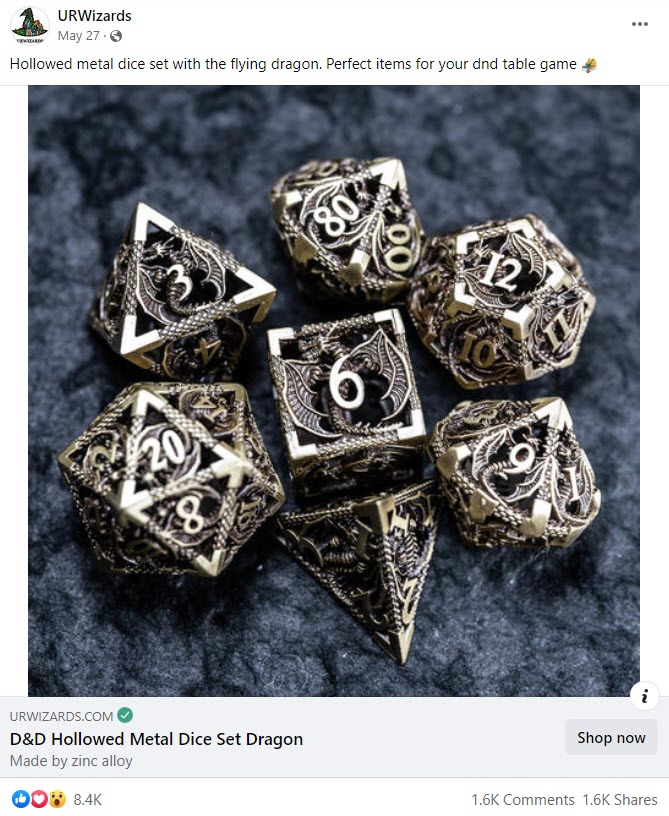 DnD Dragon Metal Dice Set Facebook ad Engagement