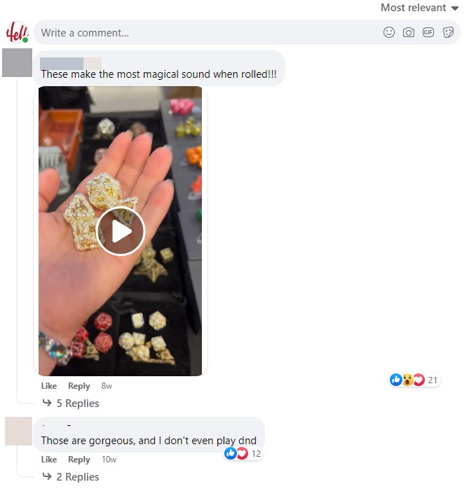 DnD Dragon Metal Dice Set Facebook ad comments