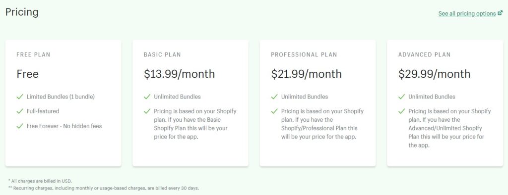 Unlimited Bundles and Discounts Shopify app pricing