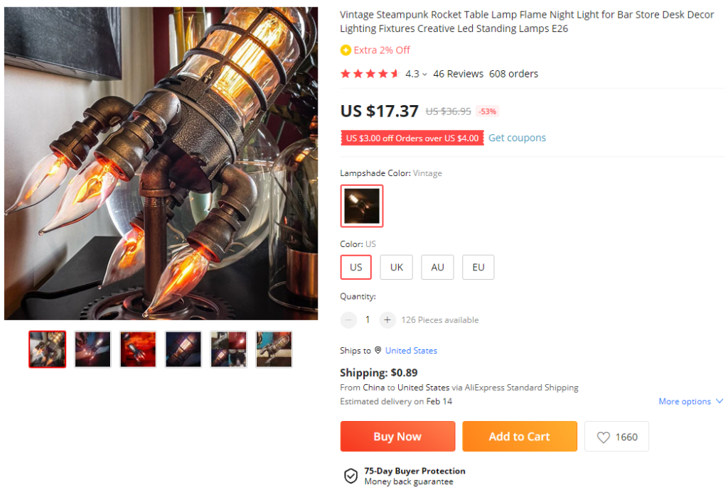 Steampunk Rocket Lamp on Aliexpress