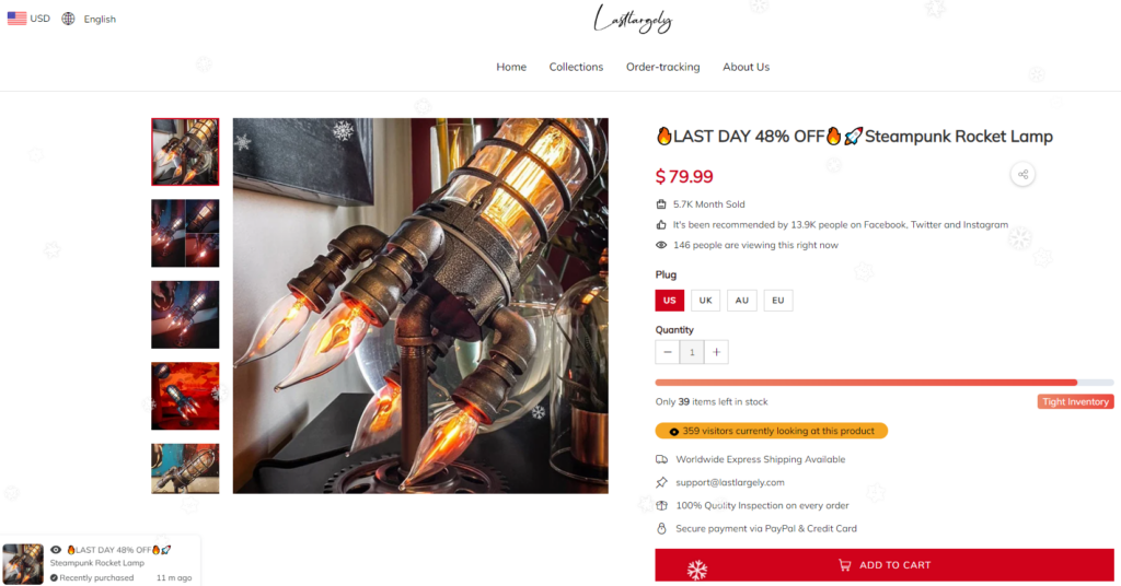 Steampunk rocket lamp Shopify store