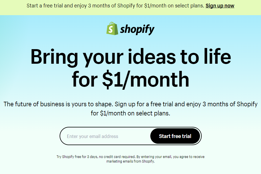 Shopify $1/month Package