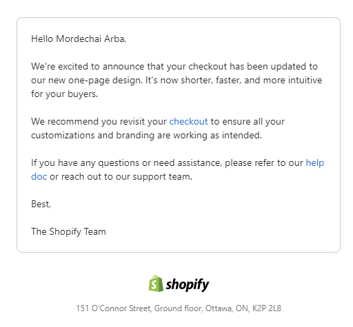 Shopify one-page checkout email