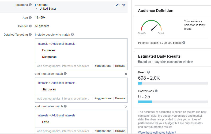 Coffee niche Facebook targeting on Ecomhunt